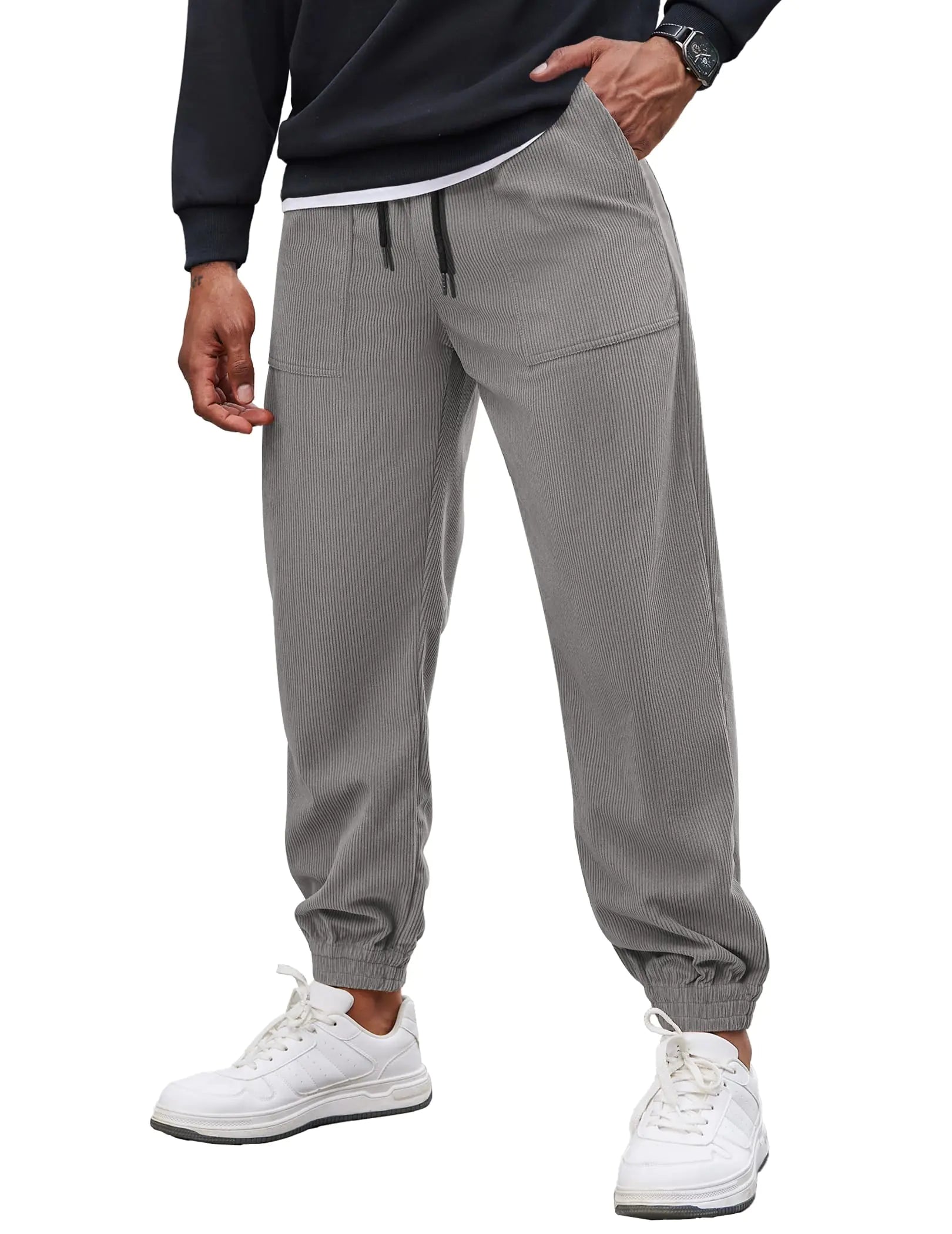 COOFANDY Corduroy Pant Men Fashion Casual Corduroy Joggers Drawstring Elastic Waist Streetwear Pants Light Grey XL